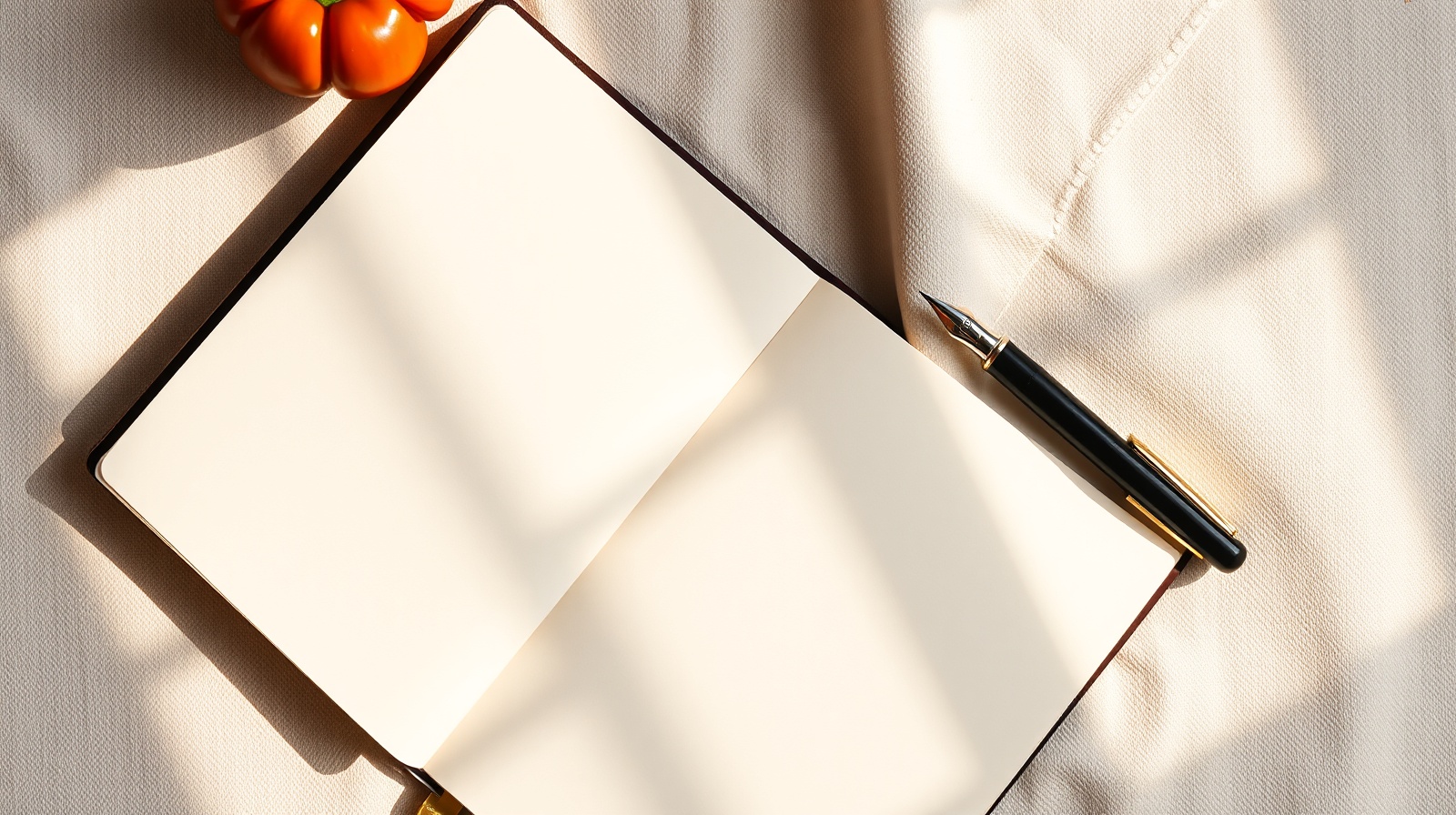 Overhead still life of an open hardcover notebook with blank pages, a fountain pen resting on its spine, warm morning light on cream linen.