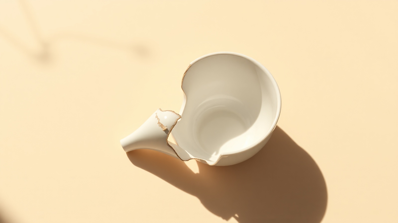 A single broken white ceramic teacup on a warm cream surface, soft morning shadow, faint persimmon reflection from above. Contemplative.