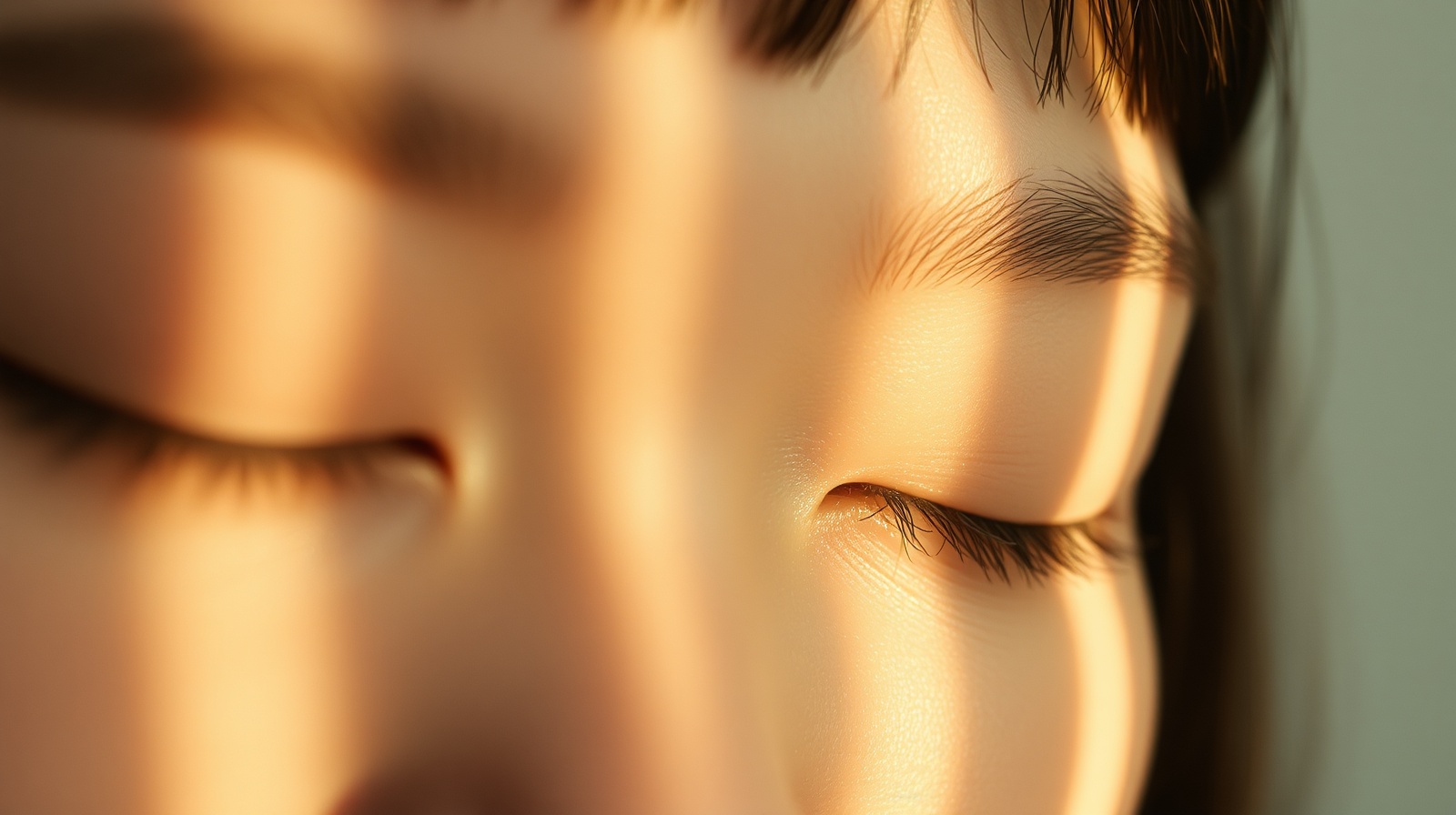 Closed-eye portrait fragment in soft warm morning light, an editorial abstraction in cream and warm gray with a faint persimmon glow.