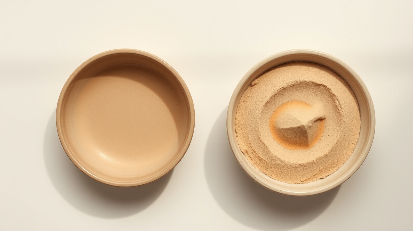 Two ceramic bowls of warm beige clay arranged side by side on cream paper, soft morning shadows, single persimmon-tinted highlight.