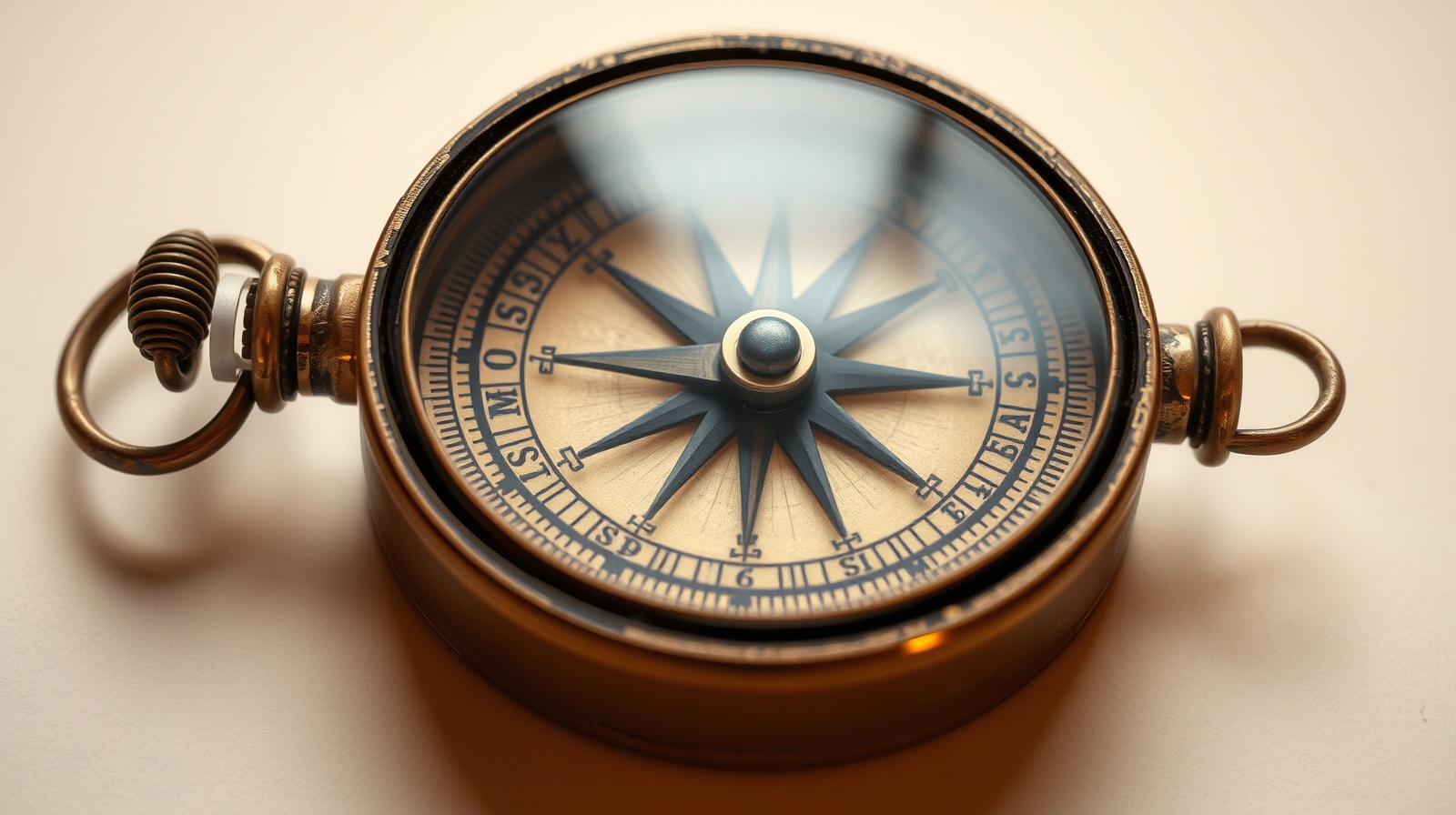 Close abstract photograph of an antique brass compass face on warm cream paper, soft morning light, restrained warm palette with a faint persimmon glow.