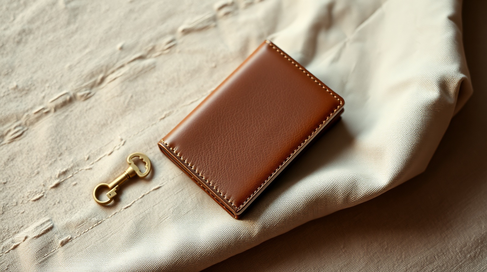 Folded leather wallet on warm linen beside a small brass key, soft dawn light, restrained warm-tan palette with a faint persimmon accent.