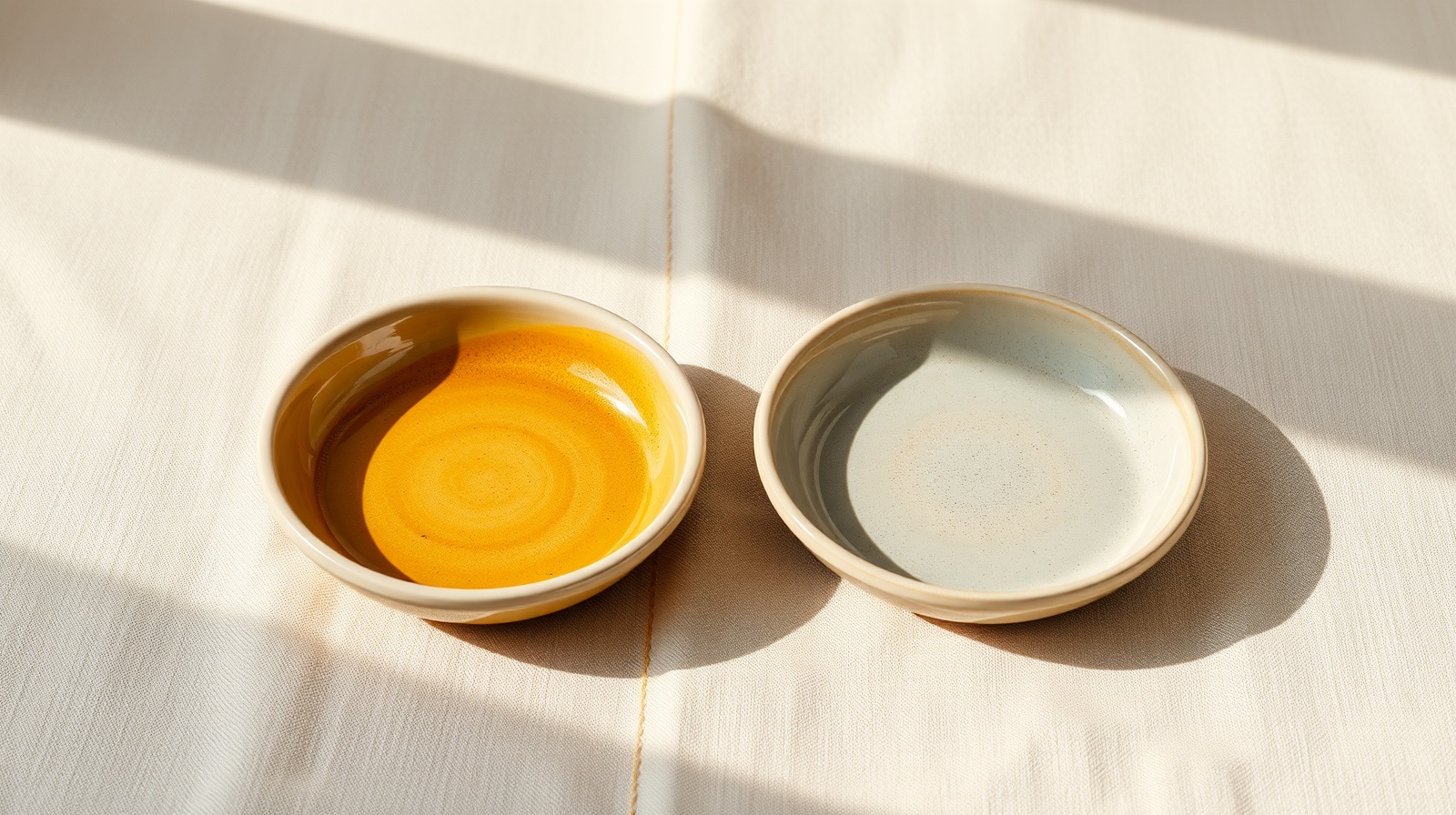 Two small ceramic dishes side by side on warm cream linen, one honey-gold-glazed and one pewter-silver-glazed, soft morning light.