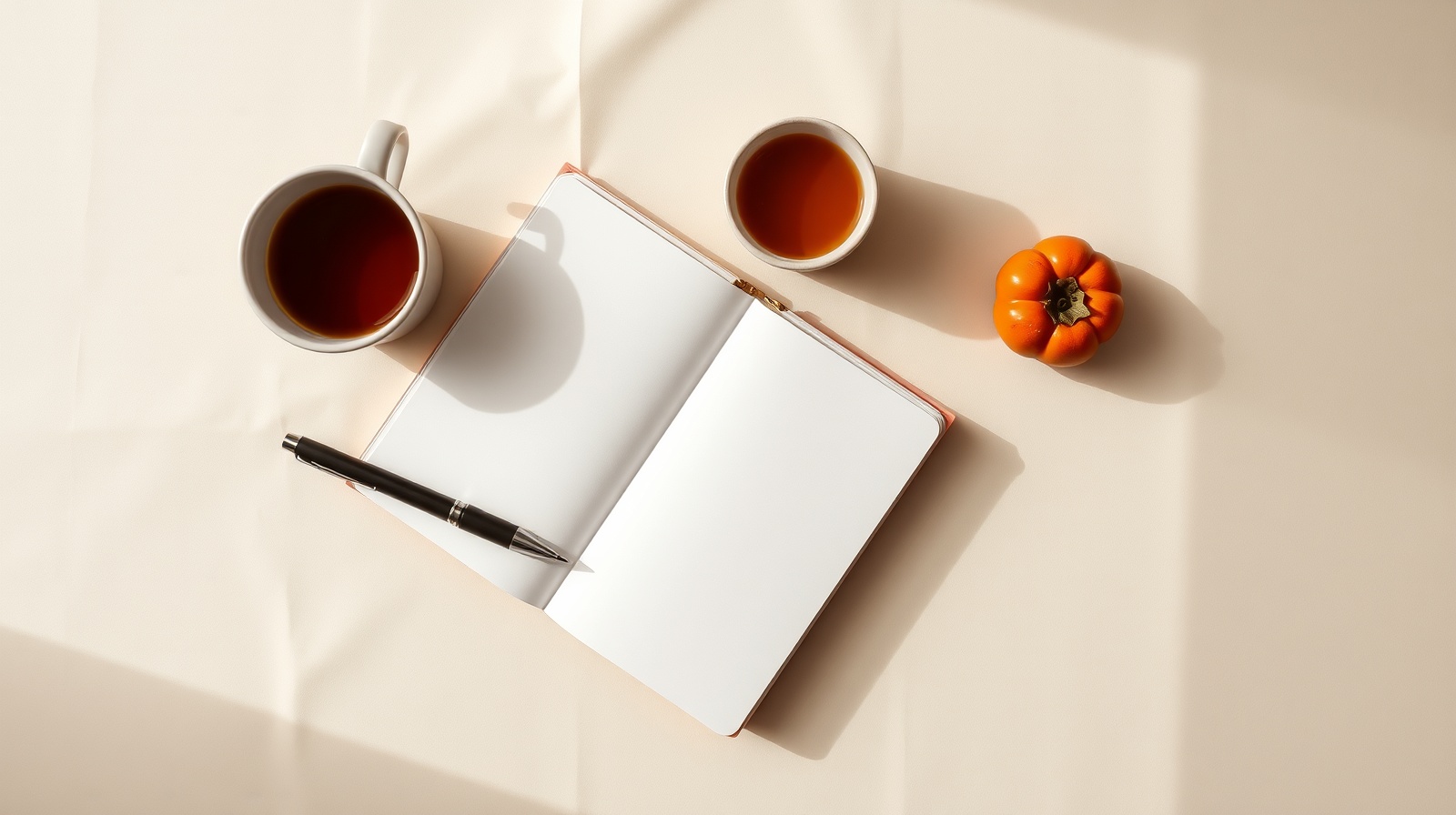 Overhead still life on warm cream paper: an open hardcover notebook with a black pen across it, beside two small cups of tea and a single persimmon, soft morning shadows.