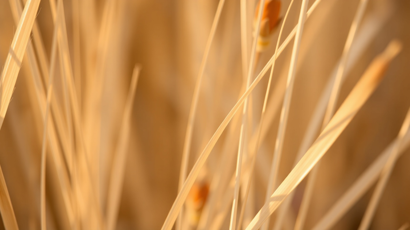Wheat-coloured grass blades catching warm morning light, considered abstract botanical detail in cream and amber with a persimmon accent.