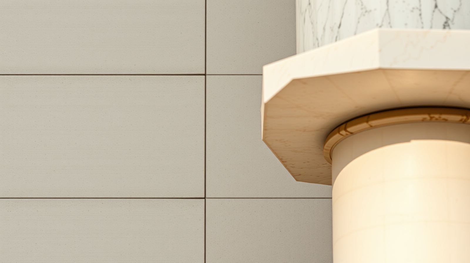 An architectural study of a marble pillar's chamfered edge against smooth concrete, sharp geometry, single persimmon reflection.
