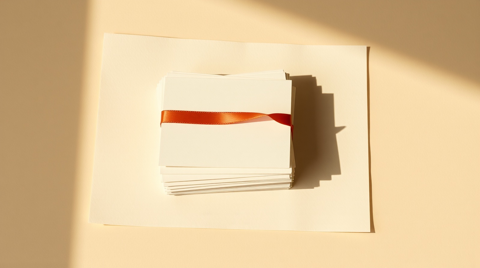 Small neat stack of cream blank index cards on warm cream paper, parallel morning shadows, single persimmon ribbon laid across.