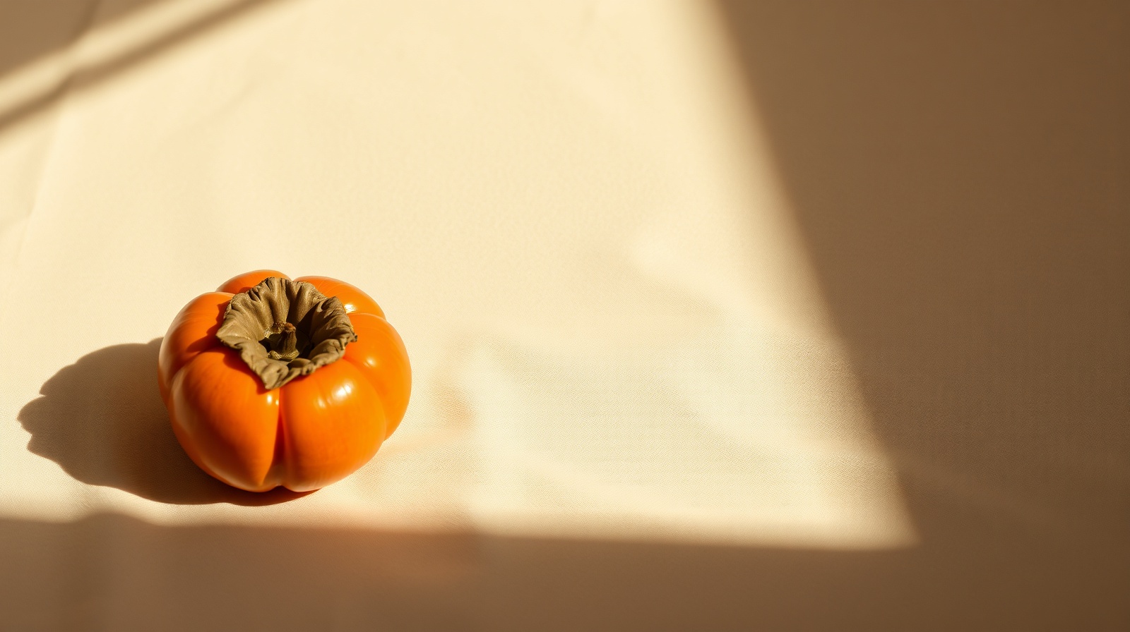 A single ripe persimmon resting on warm cream linen, soft side-light casting a long shadow, restrained fine-art composition.
