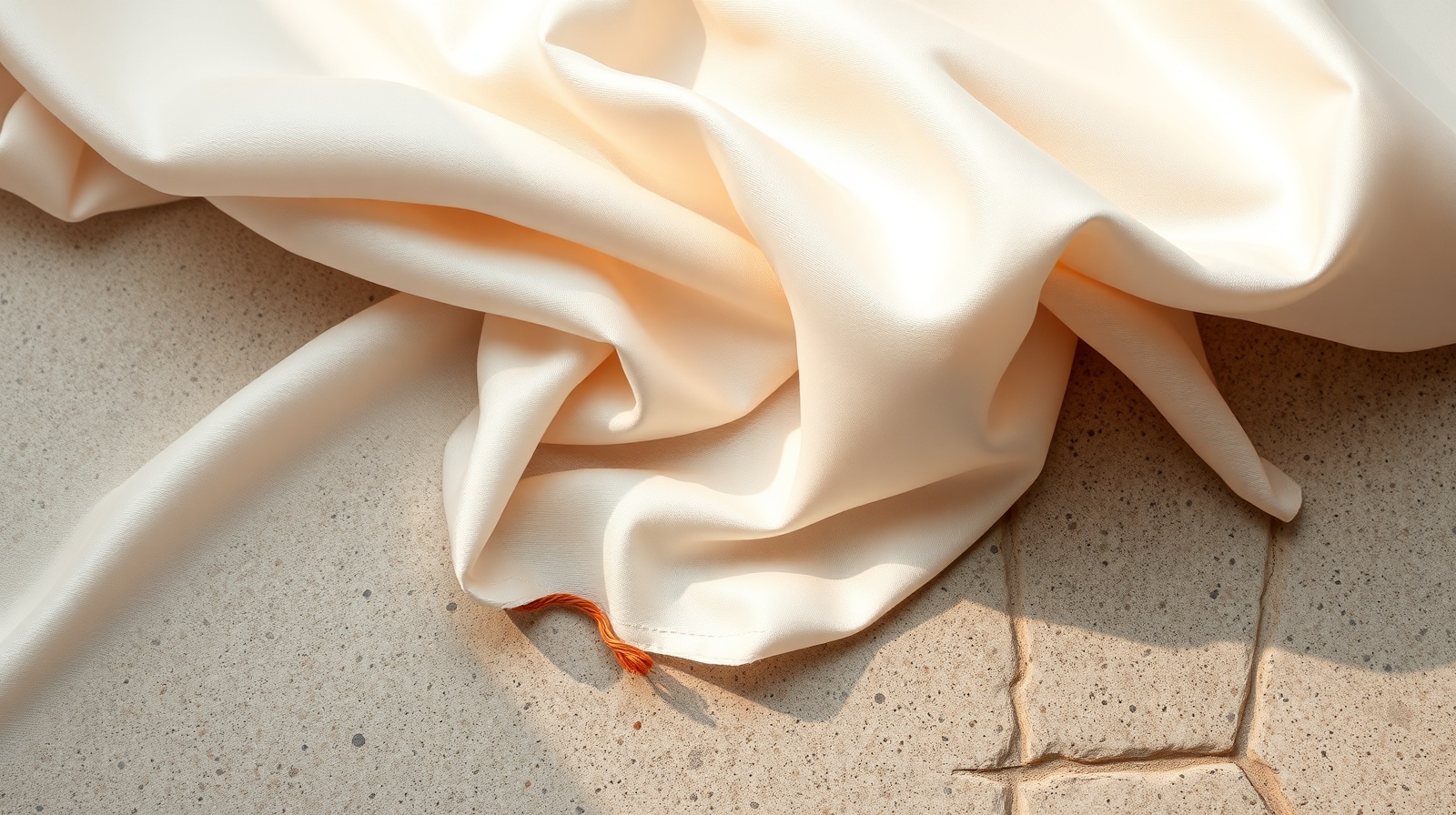 Cream silk fabric draped over a stone surface, warm morning light catching the folds, single persimmon-toned thread visible.