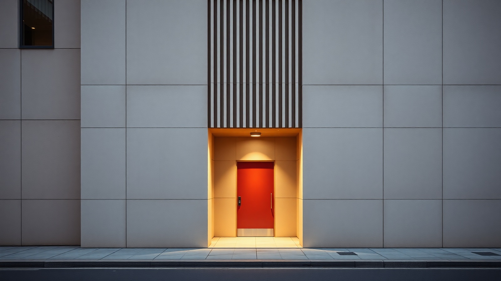Modernist concrete clinic facade in Gangnam at dawn, narrow vertical fluting above a single warm-lit alcove framing a deep persimmon entrance door.