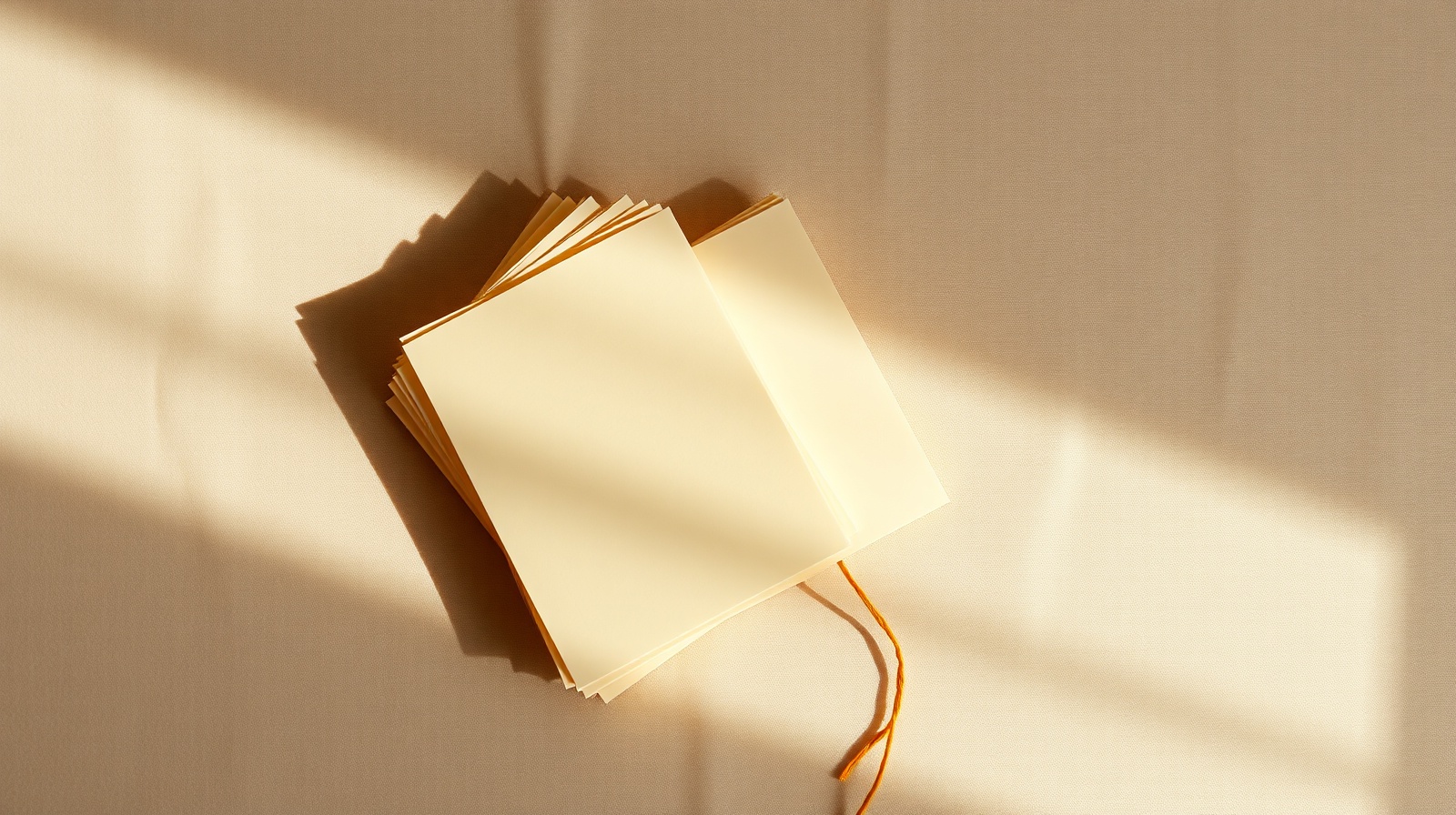 Overhead still life of two stacks of folded warm cream paper notes on beige linen, soft morning shadows with a single persimmon thread.