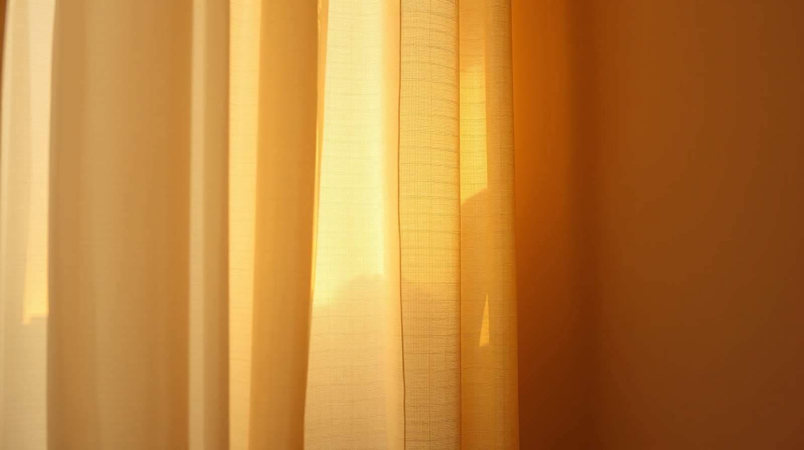 Warm sunlight filtering through a sheer linen curtain onto a cream wall, abstract waves of light and shadow with a persimmon glow.